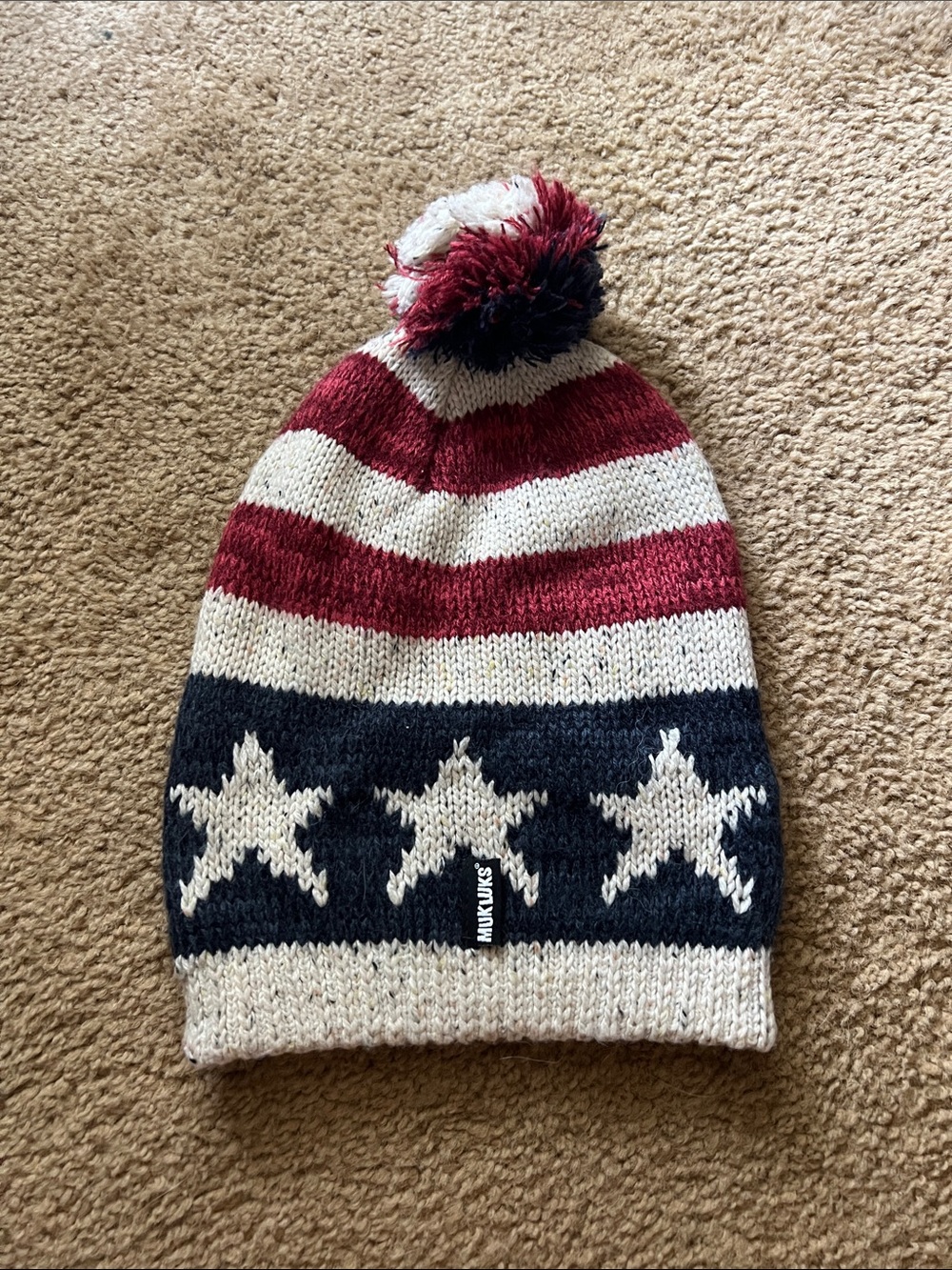 Muk Luks Red, Navy & Cream Striped Star Pom Hat